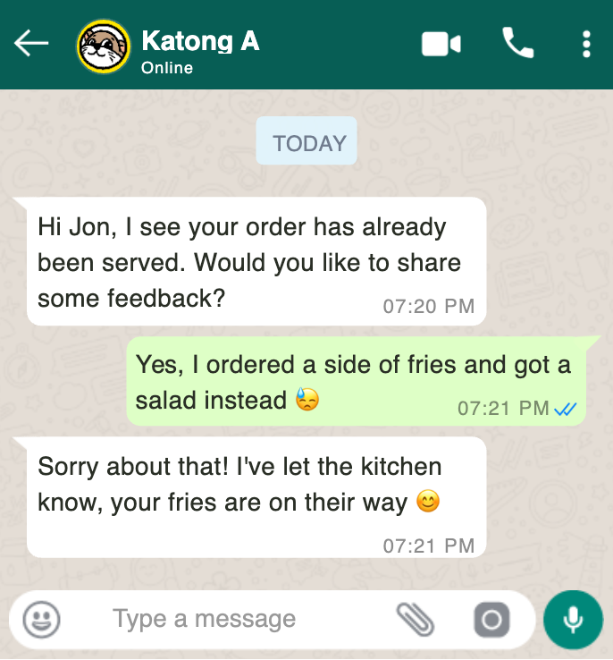 TellMe WhatsApp conversation showing real-time guest feedback